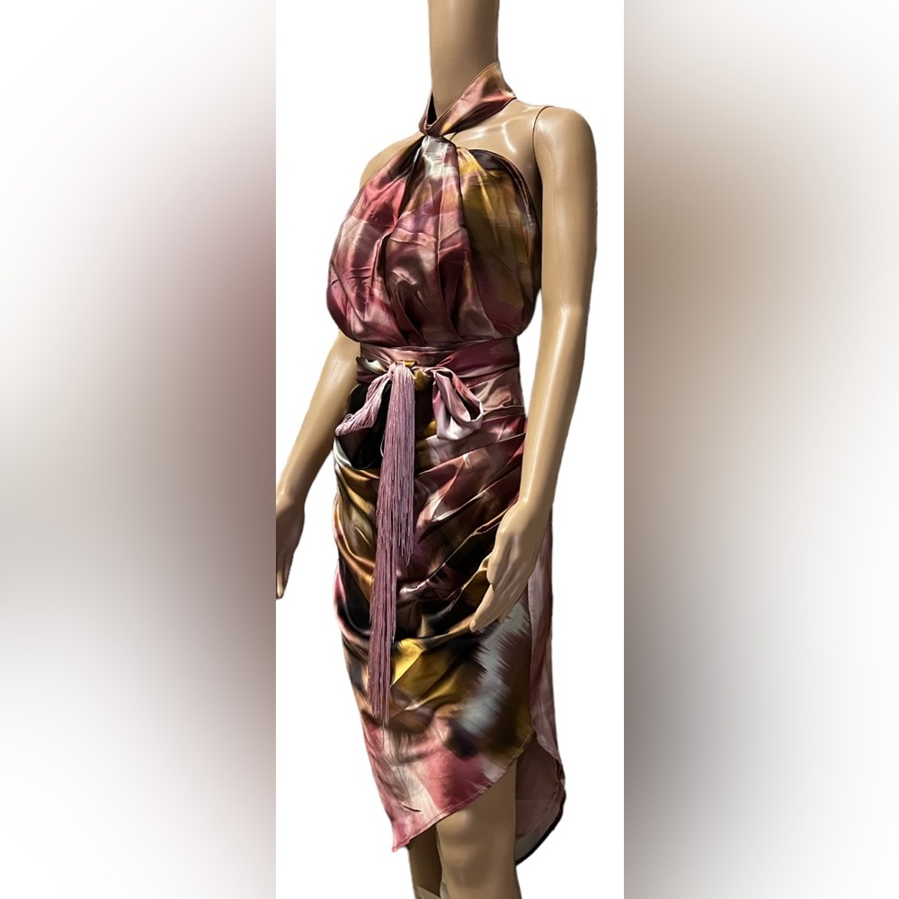 NWT BELLE BADGLEY MISCHKA Jen  Halter Neck Satin Asymmetrical Hem Dress Sz 6 - Picture 5 of 9